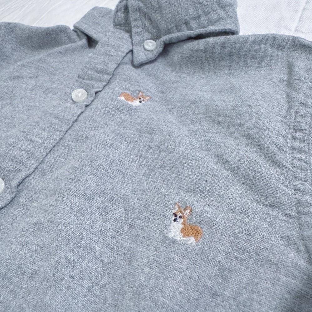 Janie & Jack Boys 6 Brushed Oxford Long Sleeve Shirt Gray Embroidered Corgi Dog - Picture 5 of 8